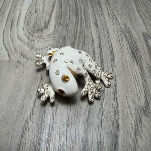 Vintage Joan Rivers Frog Brooch – White Enamel & Rhinestone Pin